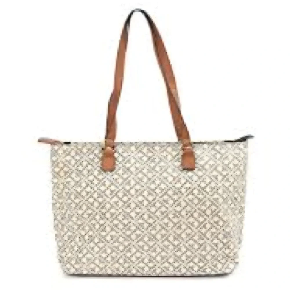 Tommy Hilfiger Monogram‎ Tote Bag Metallic Silver Tan Large Shoulder Bag Handbag